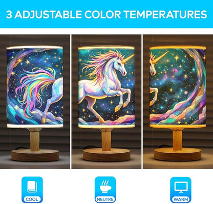 Unicorn Table Lamp LED 3-Color Pressed Bedside, Unicorn Shade Lamp with Wood Base for Bedroom Living Room Desk Office TL01