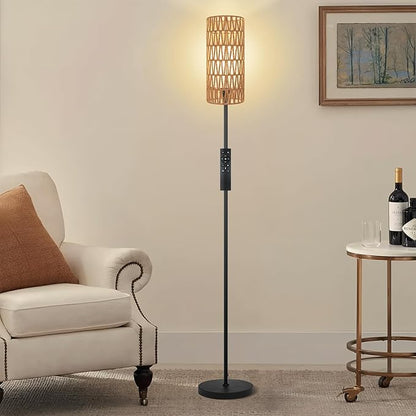Floor Lamp for Living Room,Farmhouse Floor lamp,Modern Standing lamp with Hand-Worked Rattan Shade (Double Shade-with Remote)