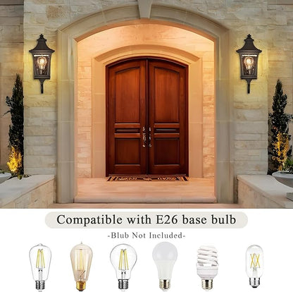 Modern 14.6 Inch Outdoor Wall Sconce Light with Water Ripple Glass in Black Finish, Aluminum Porch Light for Gardens, Garage, Yards and Entryway, E26 Socket