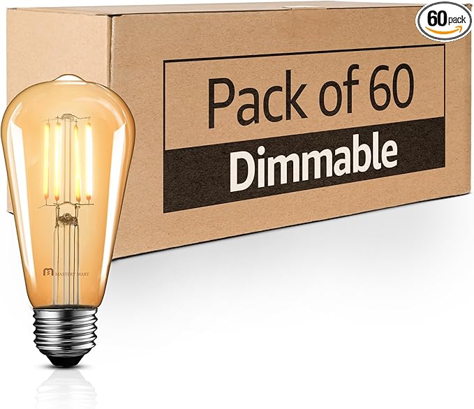 Mastery Mart 60 Pack Vintage LED Light Bulb 2200K Warm White, Dimmable, 5.5W (60 Watt Equivalent), ST19/ ST58 Clear Glass Antique Edison Style, 500LM E26 Decorative Filament Bulb