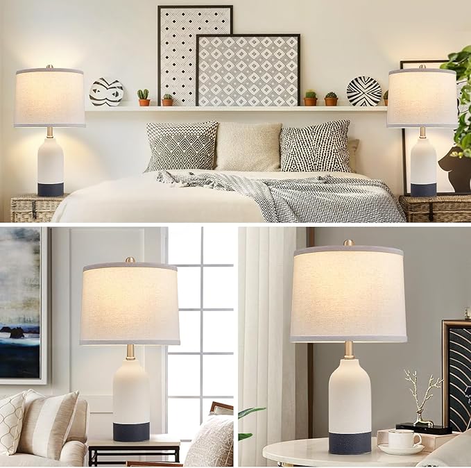 Modern Ceramic Table Lamp Set of 2, Adjustable Color Temperature Bedside Lamps for Night Stands with Fabric Drum Shade, Nightstand Lamps for Bedroom, Living Room, Desk, Includes 2 Bulbs (21.4")