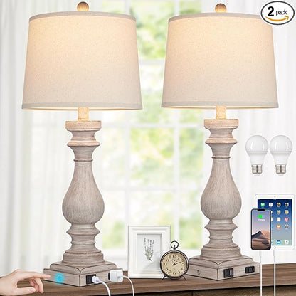 29" Farmhouse Table Lamp for Living Room Set of 2,Vintage Bedside Lamps with USB C+A Ports & AC Outlet,3-Way Dimmable Touch Control Gray Washed Finish Nightstand for Bedroom,Gray