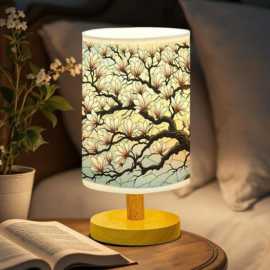 Magnolia Table Lamp LED 3-Color Pressed Bedside, Magnolia Shade Lamp with Wood Base for Bedroom Living Room Desk Office TL01