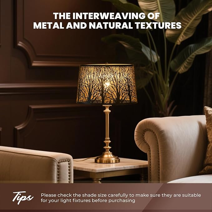Metal Lamp Shade, Large Lampshade for Table Floor Lamps, (12×8)'' Top×(14×10.5)'' Bottom×8.5" Height Oval Shade, Etched Forest Gothic Style Replacement Lamp Shade(Spider), Bronze Gold