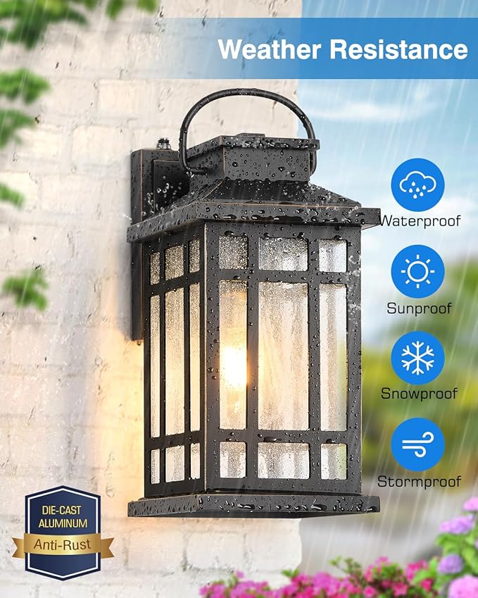 Dusk to Dawn Outdoor Lighting, Black 2 Pack Outside Lights for House with Gold Trim, Modern Exterior Light Fixtures, Outdoor Wall Lanterns for Porch, Garage, Doorway, Anti-Rust, Waterproof