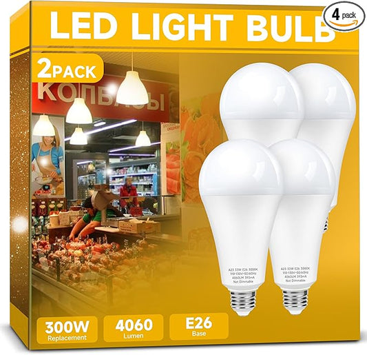 300W Equivalent LED Light Bulb, Super Bright 4060 Lumen Warm White 3000K, A23 E26 Medium Base 33 Watt LED Bulb for Garage Warehouse Workshop Backyard Patio Street Supermarket, 4-Pack