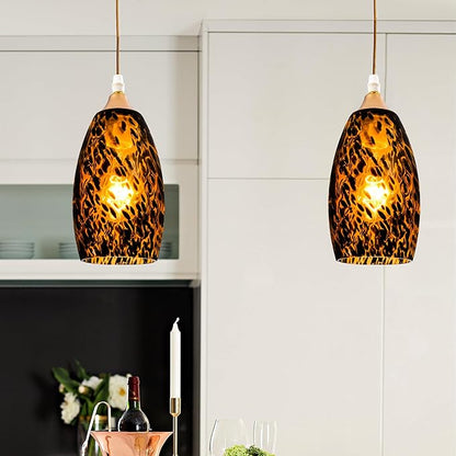 GO&SO 3pc Black-Yellow Pendant Light Shade,Fitter 1.57 ",Height 7.8 ",Max Diameter 4 ",Hand Blown Art Glass Pendant Light Fixtures Only,Oval Replacement Lamp Shades Glass Pendant Lights Kitchen Island