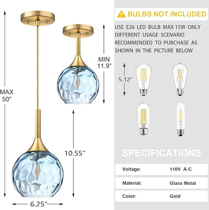 6.3" Texture Blue Glass Rod Pendant Light 3 Pack Pendant Ceiling Light Fixture Gold Finish Modern Farmhouse Dinning Over Sink Adjustable Height Rod