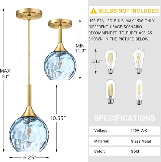 6.3" Texture Blue Glass Rod Pendant Light 3 Pack Pendant Ceiling Light Fixture Gold Finish Modern Farmhouse Dinning Over Sink Adjustable Height Rod