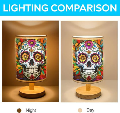 Day of The Dead Table Lamp LED 3-Color Pressed Bedside, Day of The Dead Shade Lamp with Wood Base for Bedroom Living Room Desk Office TL01