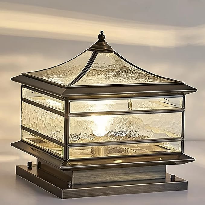 All Copper Steel Glass Outdoor Post lights, Waterproof Pillar Light, Vintage Patio Lawn Column Lamp,outdoor column lights,Deck Lights, Lantern Fence Lamp Fixture E26 Base (Wiring E26 Base, 16X16in)