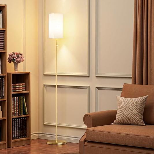 Gold Floor Lamps for Living Room Bedroom - 3 Color Temperature Modern Standing Lamps with Pull Chain Switch LED Bulb, Tall Lamp for Office Kids Room Reading Corner(Light Beige Shade)