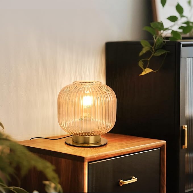 NKU Mid-Century Modern Glass Table Lamp Featuring a Ribbed Glass Shade, Gold-Finished Nightstand or Desk Lamp Ideal for Bedside, Corner Bookshelf, Living Room, or Office (Amber Table Lamp)