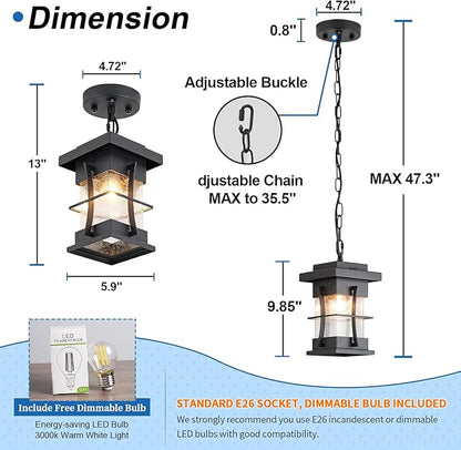 Motion Outdoor Pendant Light Fixture with Dusk to Dawn Sensor Exterior Hanging Lantern with Adjustable Chain Black with Seeded Glass Outside Lights for House Patio Front Porch Lighting
