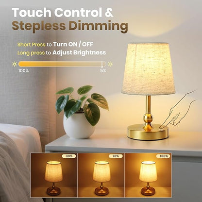 Cordless LED Table Lamp with Dimmer - 5200mAh Rechargeable Battery Operated Lamp Included 2700K Bulb, Gold Portable Stepless Touch Night Light for Bedroom Patio Home (Beige Fabric Shade)