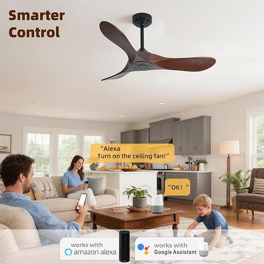 Outdoor Ceiling Fan Without Light, 42Inch Smart Ceiling Fan with Remote & Voice Control for Alexa/Google, 3-Blade Wood Fan, Quiet DC Motor, 6 Speeds for Patio, Porch, Farmhouse, Dark Walnut