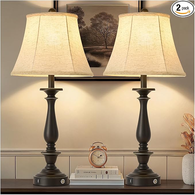AIDENOEY 28.5" Traditional Table Lamp Set of 2, Rustic Farmhouse Table Lamps for Living Room Bedroom, Bedside Desk Lamps Vintage Nightstand Lamps with Silk Fabric Shades, Black Sweep White Gold