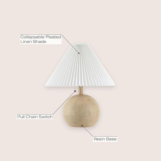 JONATHAN Y JYL1145B Aksel 17.25" Coastal Scandinavian Resin/Iron Sphere LED Table Lamp with Pleated Shade and Pull Chain, Beige Wood Finish/White, for Entry Console, Bedroom, Living Room
