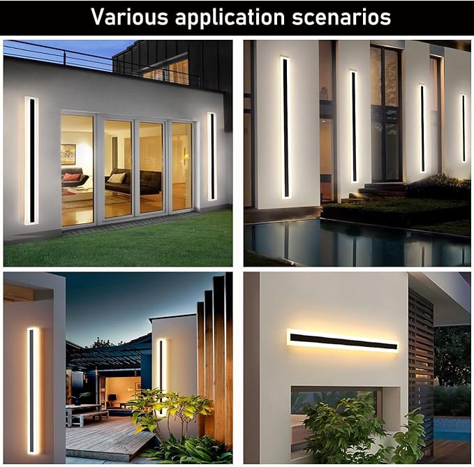 2Pack-79inch Long Outdoor Modern LED Wall Light,65W Waterproof IP65 Warm White 110V led Wall Mount Lighting Fixture Rectangular Black Wall Lights Elegant Frosted White Acrylic Anti Rust.