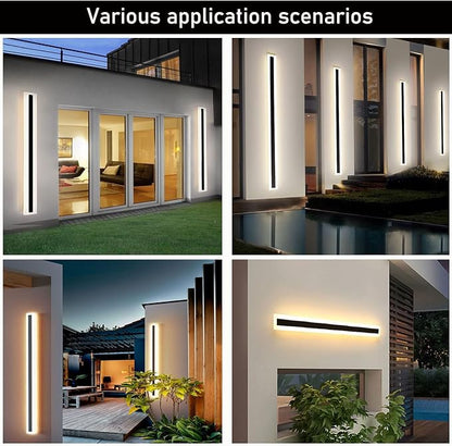 2Pack-79inch Long Outdoor Modern LED Wall Light,65W Waterproof IP65 Warm White 110V led Wall Mount Lighting Fixture Rectangular Black Wall Lights Elegant Frosted White Acrylic Anti Rust.