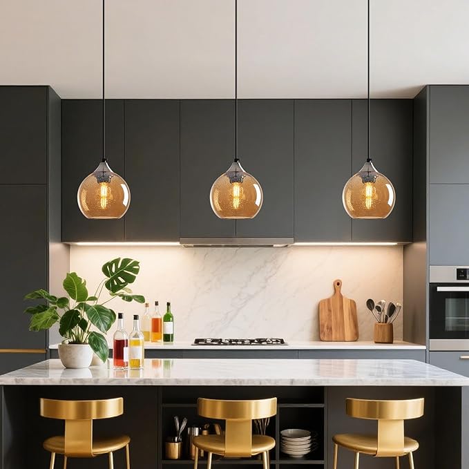 Amber Glass Pendant Lights Kitchen Island Globe Pendant Light Fixtures Modern Pendant Lighting for Bedroom Living Dining Room Light Fixture (5.9 in, 3 Pack)