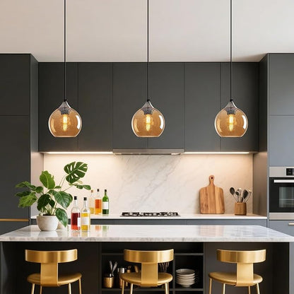 Amber Glass Pendant Lights Kitchen Island Globe Pendant Light Fixtures Modern Pendant Lighting for Bedroom Living Dining Room Light Fixture (5.9 in, 3 Pack)