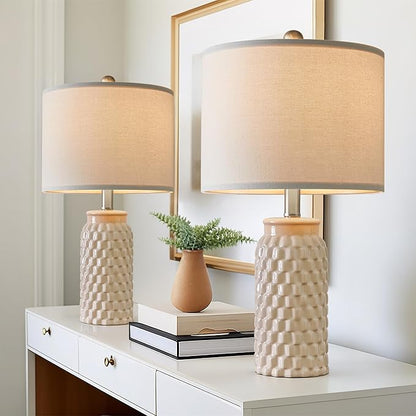 20.5" Set of 2 Bedside Table Lamps Modern Cream Honeycomb Ceramic - Linen Shade, E26 Knob Switch for Living Room, Bedroom & Nightstand