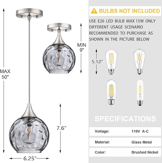 Doraimi Lighting 6.25" Gray Glass Pendant Light 3 Pack Pendant Ceiling Light Fixtures Brushed Nickel Finish Modern Farmhouse Dinning Over Sink Adjustable Height Cord