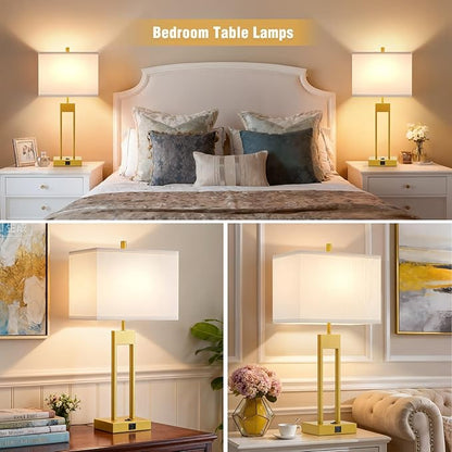 GyroVu 25.5" Nightstand Table Lamps for Bedrooms Set of 2, Bedside Lamp with USB C+A, Colors Changeable Living Room Lamp, Modern Night Stand Lamps for Bed Side Guest Room Reading, Gold+White Shade