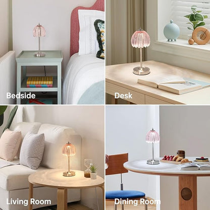 Tulip Table Lamp with 5200mAh Battery & Touch Control, Cordless Small Table Lamp with 3 Colors, Dimmable Rechargeable Table Lamps for Living Room, Bedroom, Desk, Bedside (Clear Pink Tulip)