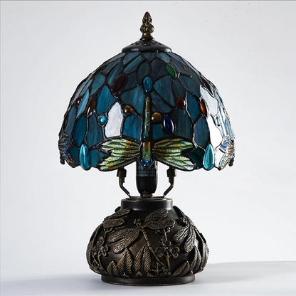 Tiffany Style Stained Glass Mushroom Bedside Table Lamp 8-inch Green Blue Dragonfly Beautiful Shade Nightstand Light for Bedroom Dorm Living Hallway Coffee Table Home Office Housewarming Gift