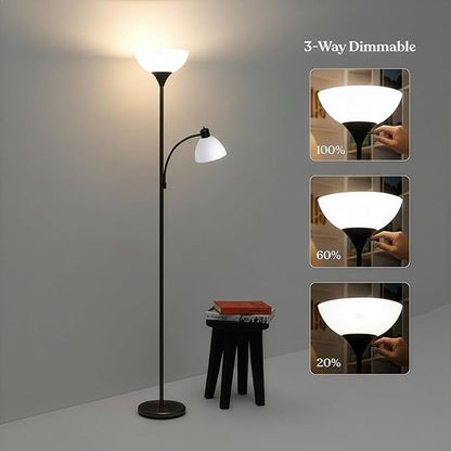 Brightech Sky Dome Plus LED Floor lamp, Torchiere Super Bright Floor Lamp with Reading Lamp for Living Rooms & Offices - Dimmable Tall Standing Lamp for Bedroom Reading - Black