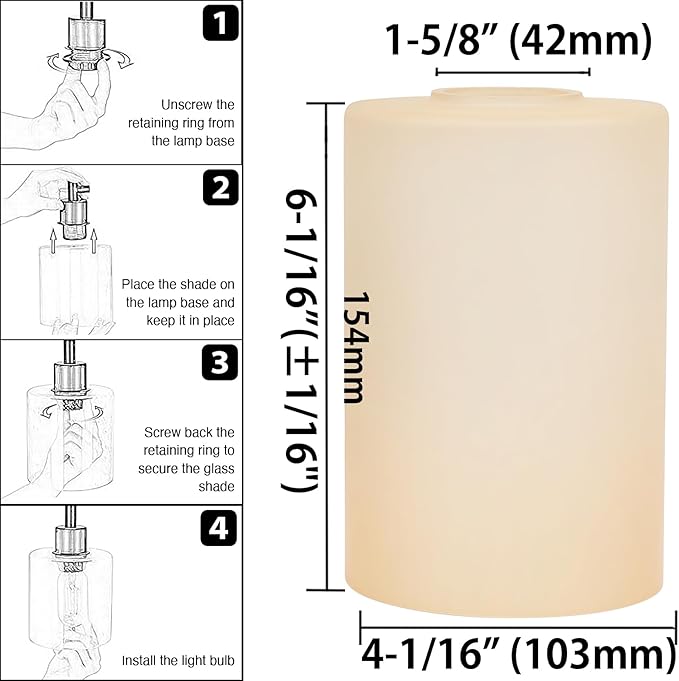 Glass Lamp Shade Replacement Globe & Cover for Light Fixture, 6-1/16" Height 4-1/16" Diameter, 1-5/8 inch Fitter, 5 Pack Light Amber Frosted Cylinder Glass Shade