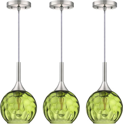 6.3" Dark Green Hammer Glass Pendant Light 3 Pack Pendant Ceiling Light Fixture Brushed Nickel Finish Modern Farmhouse Dinning Over Sink Adjustable Height Cord