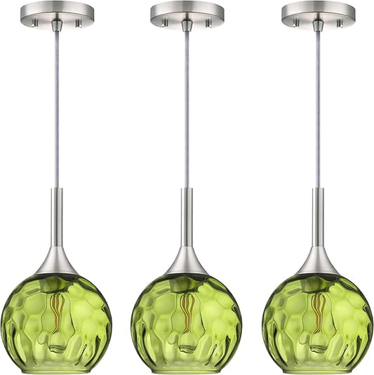 6.3" Dark Green Hammer Glass Pendant Light 3 Pack Pendant Ceiling Light Fixture Brushed Nickel Finish Modern Farmhouse Dinning Over Sink Adjustable Height Cord