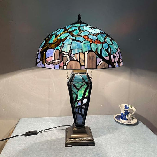 Bieye L13005 Tiffany-Style Stained Glass Table Lamp - Gothic Graveyard Night Scene with Bats, and Coffin-Shaped Base (Dark Green, 16Wx26H inch)
