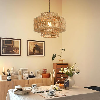 Boho Rattan Lamp Shades for Pendant Light Chandelier Floor Lamps Replacement,Rustic 3-Tier Drum Lamp Shade with Hand-Woven Rattan for Living Room Kitchen Dining Room Office Hotel.