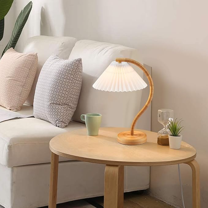 Boho Hand Woven Rattan Table Lamp with White Fabic Shades Plug in and Play Gooseneck Table Light for Bedside Living Room Bedroom Office