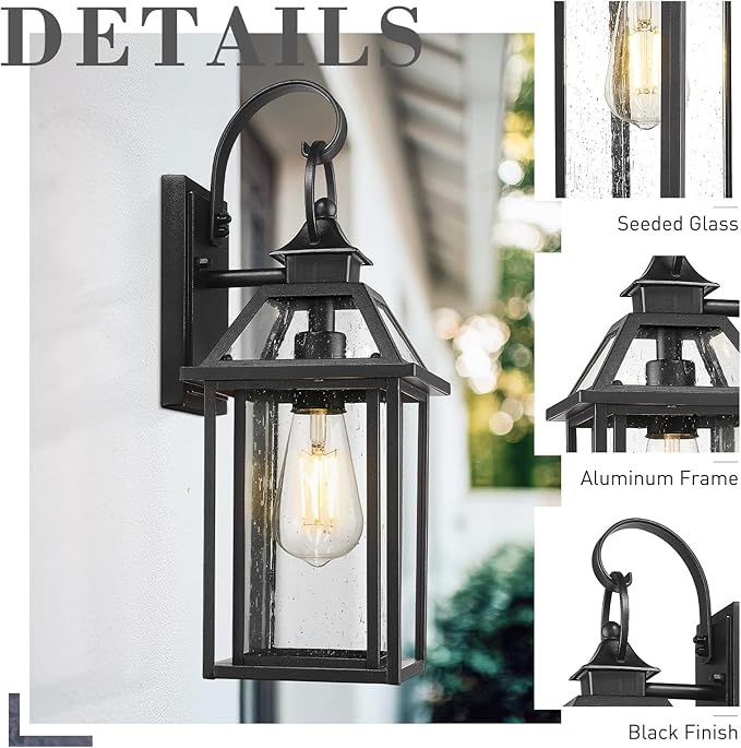 zeyu Outdoor Wall Mount Light Sconce, 16.3 Inch Farmhouse Exterior Wall Light for Garage in Black Finish, Die-Cast Aluminum with Seeded Glass Shade, ZW114B BK