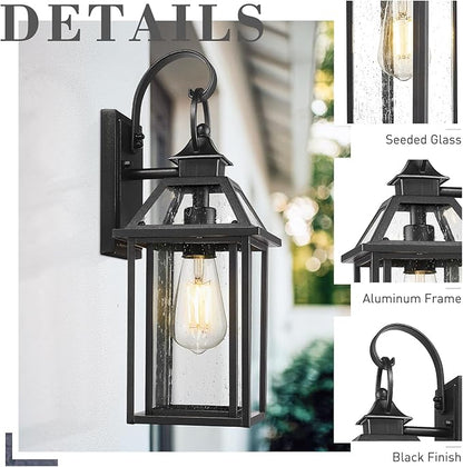 zeyu Outdoor Wall Mount Light Sconce, 16.3 Inch Farmhouse Exterior Wall Light for Garage in Black Finish, Die-Cast Aluminum with Seeded Glass Shade, ZW114B BK