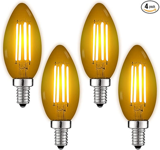 Luxrite E12 LED Filament Yellow Light Bulbs, 4.5W (40W Equivalent), Colored Glass Candelabra Bulb, UL Listed, E12 Base, Indoor Outdoor, Porch, Decoration, Party, Holiday, Event, Home Lighting (4 Pack)