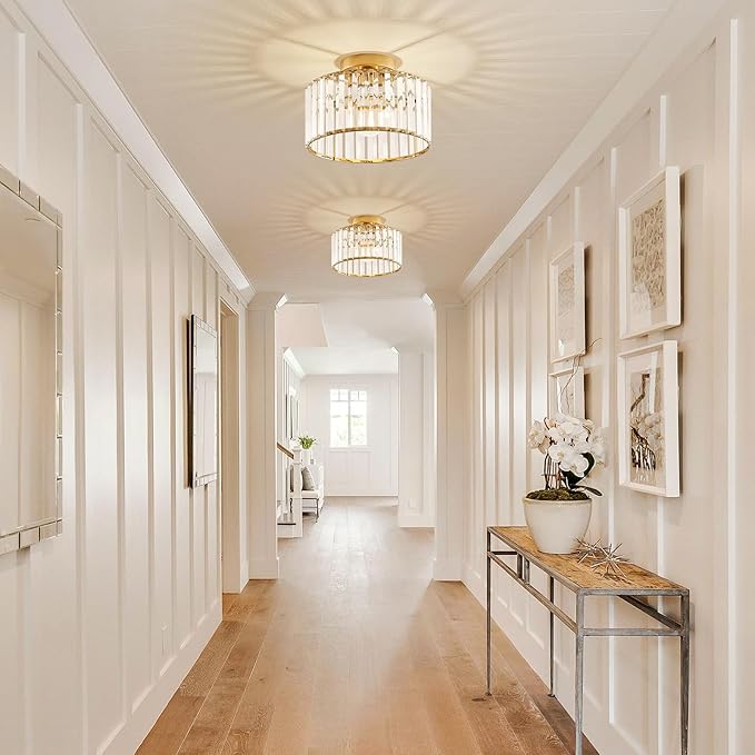 Crystal Gold Semi Flush Mount Ceiling Light Modern Hallway Light Fixture Metal Close to Ceiling Lamp for Kitchen Living Room Bathroom Entryway Bedroom(10.63 inch)