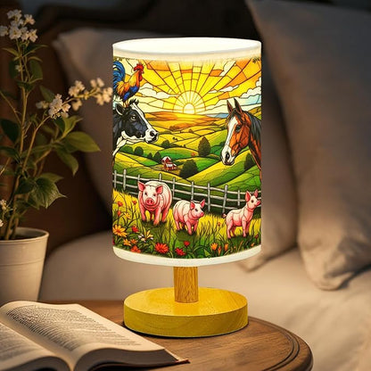 Farm Animals Table Lamp LED 3-Color Pressed Bedside, Farm Animals Shade Lamp with Wood Base for Bedroom Living Room Desk Office TL01