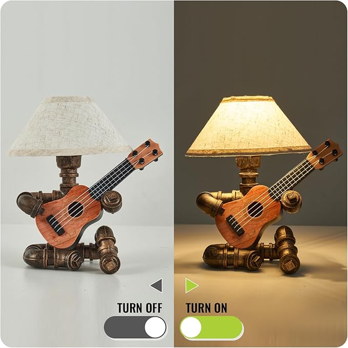 Vintage Industrial Robot Guitar Table Lamp with Bulb - Remote Control,Timer,Dimmable - Cool Gifts for Music Lovers,Men,& Musicians - Steampunk & Retro Style Bronze