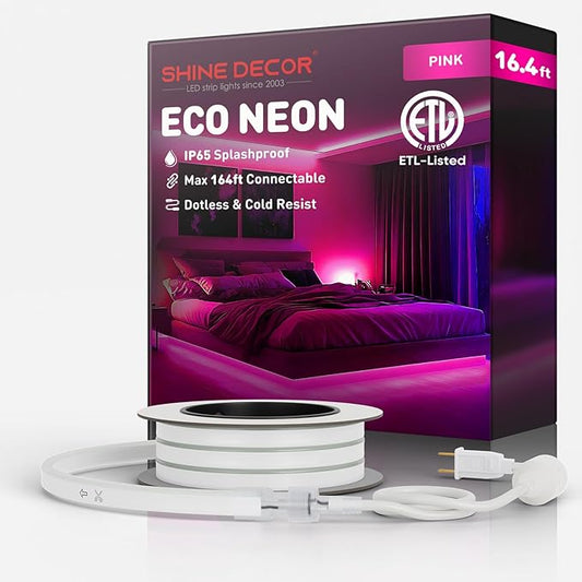 Shine Decor LED Rope Lights AC 120V, Connectable & Cuttable Dotless 120LEDs/M Eco Neon Strip Lighting, ETL IP65 Waterproof & Weather-Resistant for Home Commercial, 8x16mm, Pink, 16.4FT