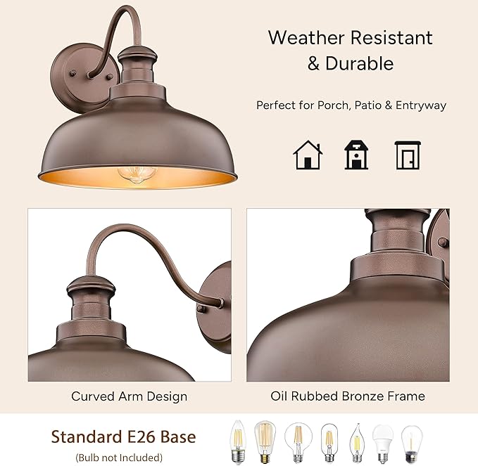 Outdoor Wall Light Fixture, Farmhouse Barn Light, Farmhouse Weatherproof Exterior Wall Sconce, Anti-Rust Outside Lantern Lamp for Porch, Patio, Garage (Oil-Rubbed Bronze, Regular-2Pack)