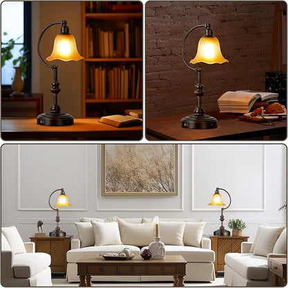 RORIA Touch Farmhouse Table Lamp for Living Room, 3-Way Dimmable Rustic Nightstand Lamp with USB A+C Ports, Vintage Retro Lamp for Bedroom End Table with Amber Glass Shade, LED Bulb Included (Bronze)