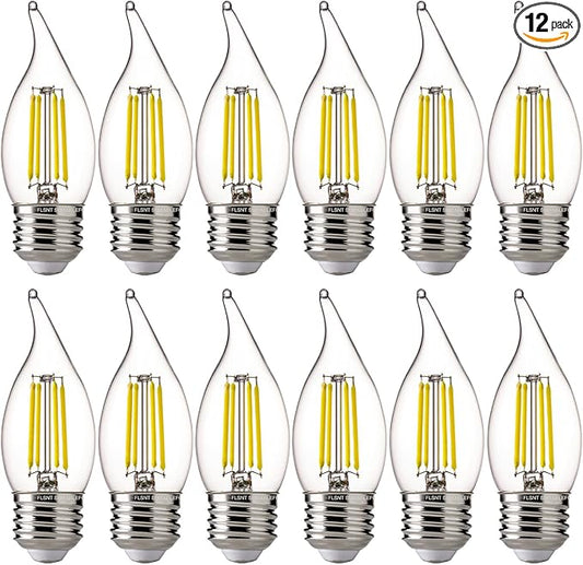 FLSNT LED Chandelier Edison Bulbs 5000K Daylight, 60W Equivalent, Dimmable CA11 E26 Base LED Candelabra Bulbs, 550LM, 12 Pack UL,CA65 Listed.