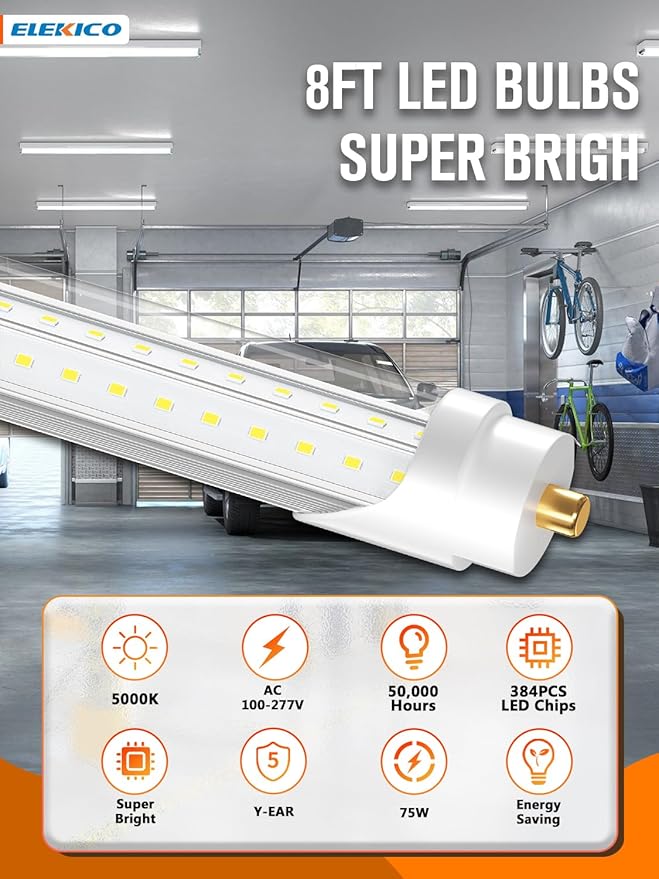 75w 8ft Led Bulbs, 9500lm 5000k 8' Led Bulb, V Shaped Clear Cover T8 Led Tube Lights 8ft, T8 Led Bulbs 8 Foot, 8' Led Replacement for T8 T10 T12 F96t12 Fluorescent Tubes