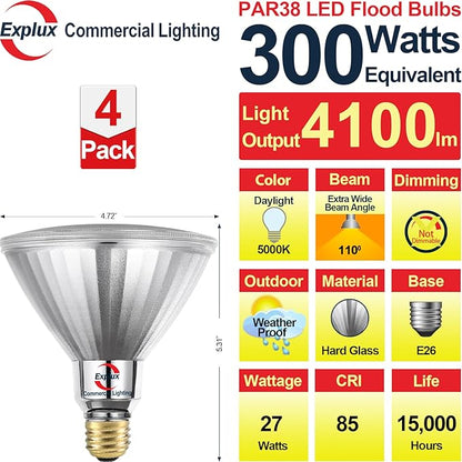 Explux 300 Watt Equivalent PAR38 LED Flood Light Bulb, Ultra Bright 4100 Lumens, Non-Dimmable, Full-Glass Outdoor Waterproof & Anti-Ageing, Daylight 5000K, 4-Pack